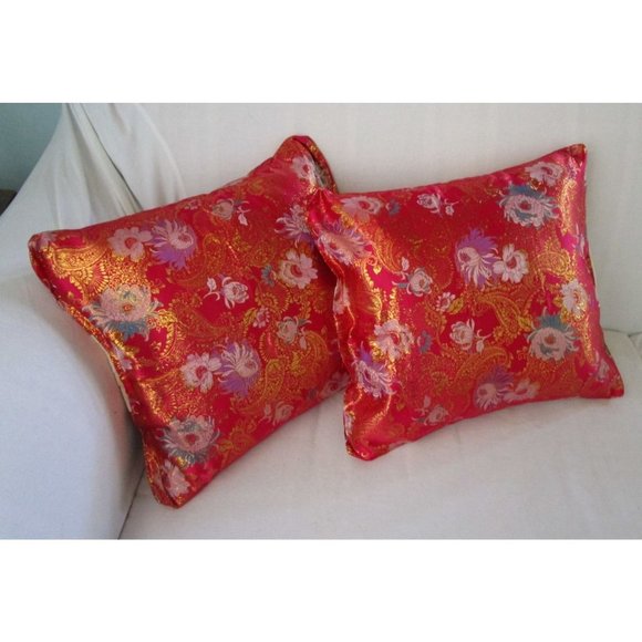 Asian Inspired Raspberry Chrysanthemum Floral Gold Accent Brocade Pillow Covers - Picture 2 of 16